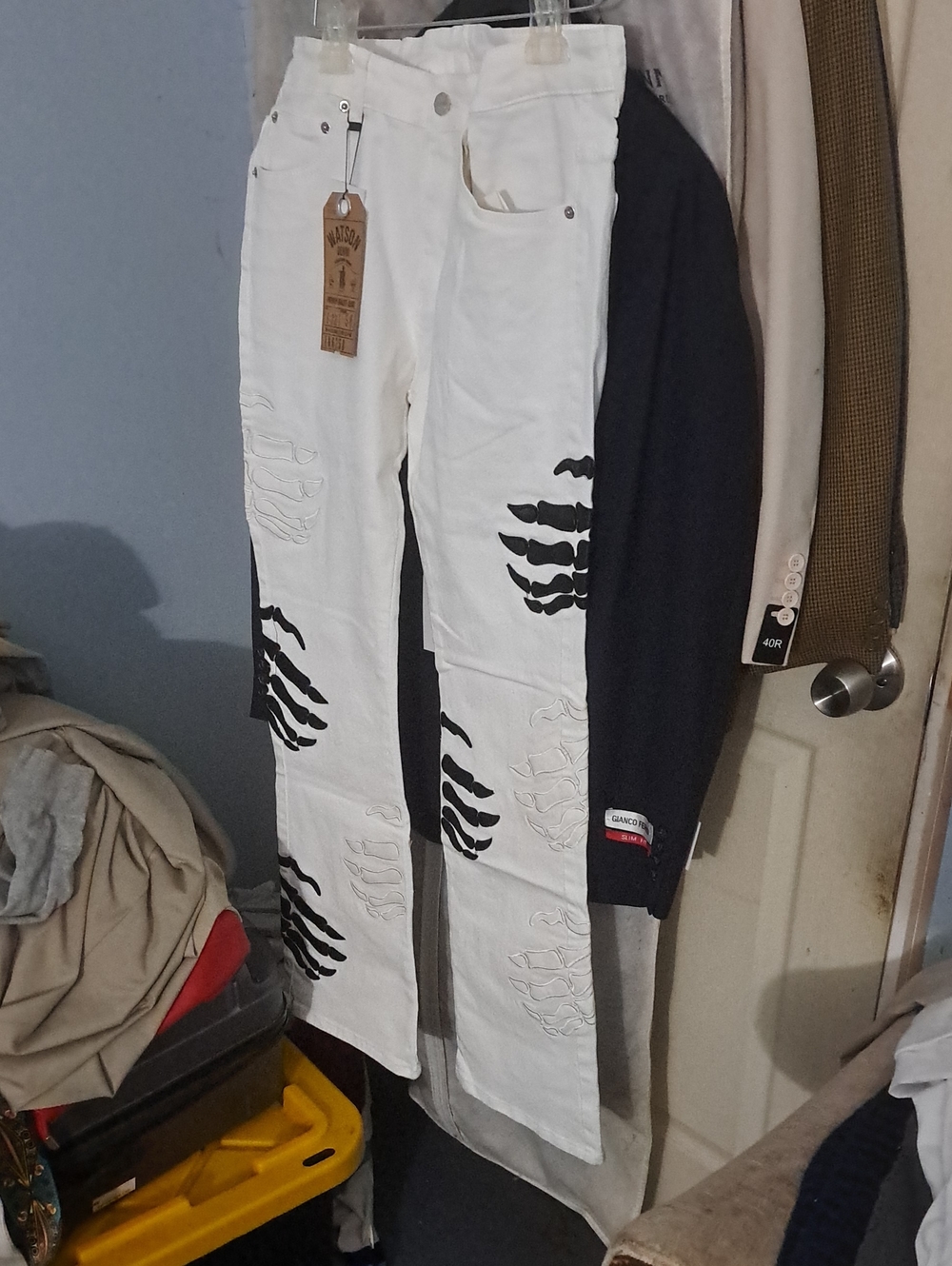 White Relaxed Fit Men’s Jeans with Black Skeleton Print